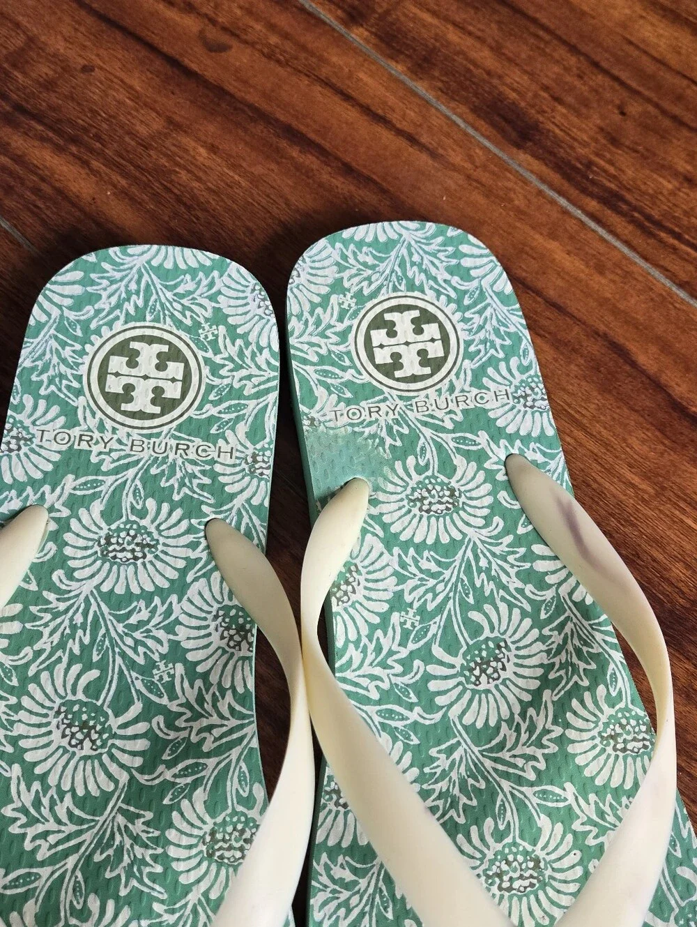 Tory Burch Logo Floral Green & Cream Flip Flops